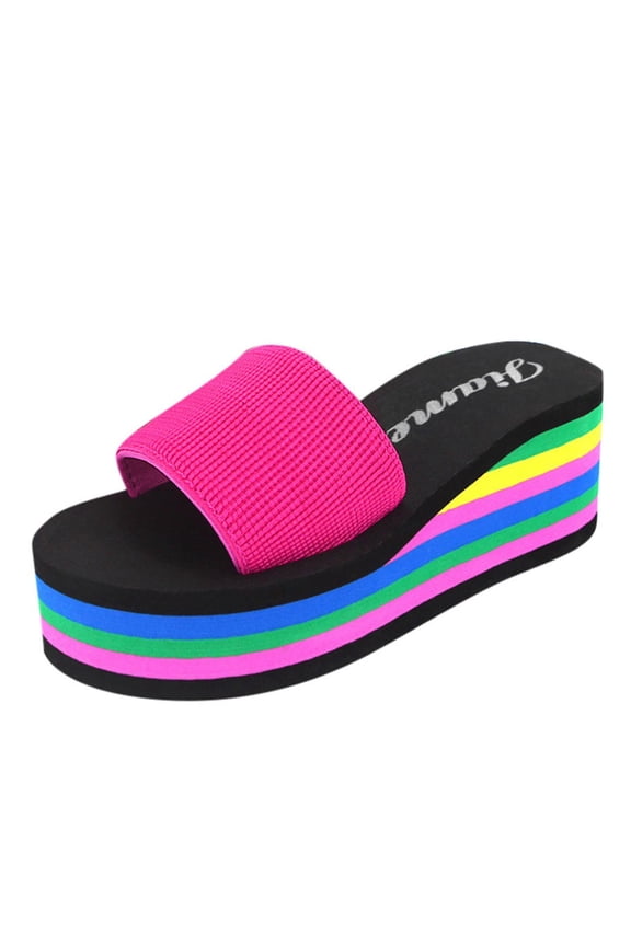 Women's Slide Sandals Rainbow Layer Wedge Platform Slides Fabric Strap Slip On Non Slip Beach Vacation Casual Sandals