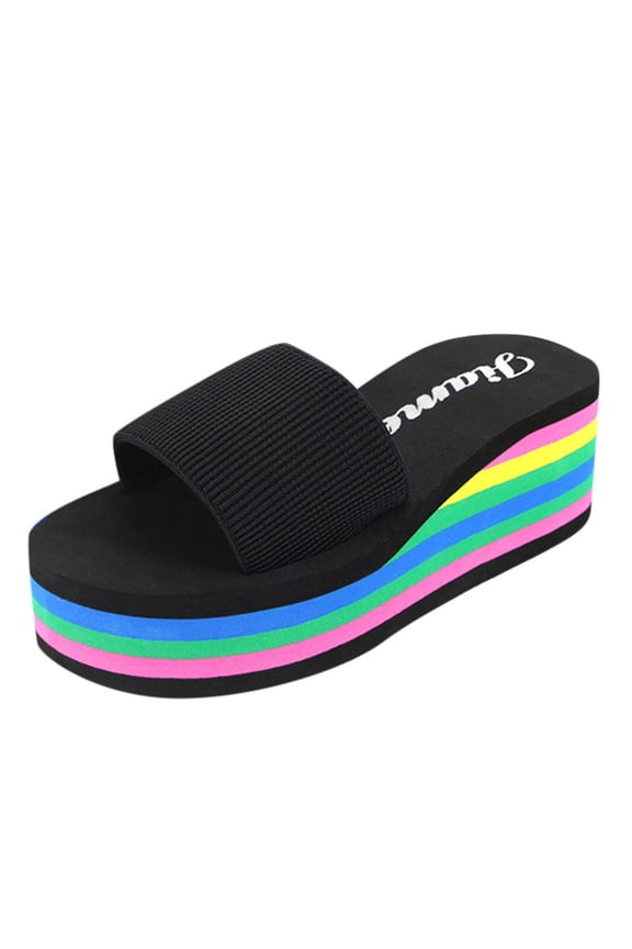 Women's Slide Sandals Rainbow Layer Wedge Platform Slides Fabric Strap Slip On Non Slip Beach Vacation Casual Sandals