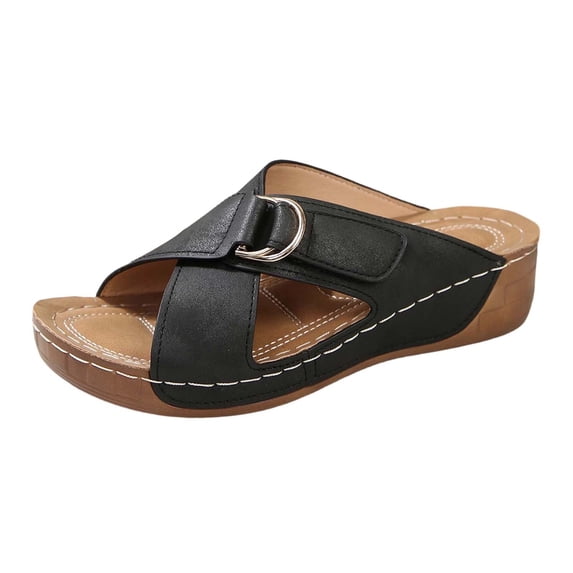 Yuanlong Women's Slides Sandals Platform Wedge Hollow Out Summer Sandals Leather Upper Stylish Beach Slippers