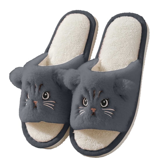 Yuanlong Women's Slippers Cartoon Cat Fuzzy Plush Open Toe Slide Slippers Soft Lined Non Warm Winter Indoor House Slippers