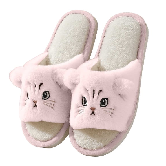 Yuanlong Women's Slippers Cartoon Cat Fuzzy Plush Open Toe Slide Slippers Soft Lined Non Warm Winter Indoor House Slippers