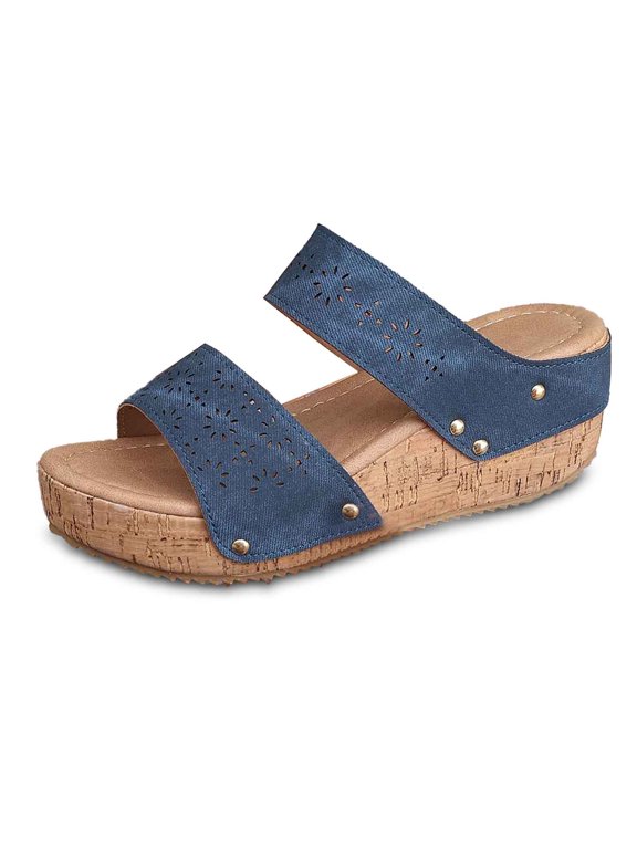 Women's Slippers Open Toe Two-Strap Slide Pu Platform Wedge Sandals Casual Summer Outdoor Beach Footwear