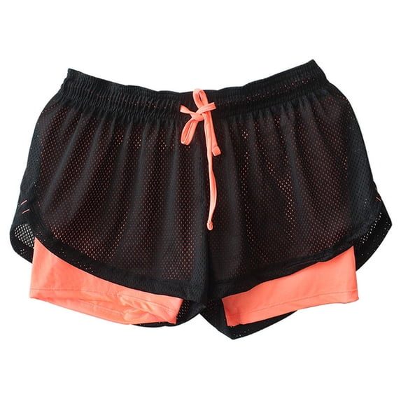 Yuanlong Women's Sports Shorts Mesh Solid Color Double Layer Shorts Elastic Waist Drawstring Basic Outdoor Fitness Bottoms