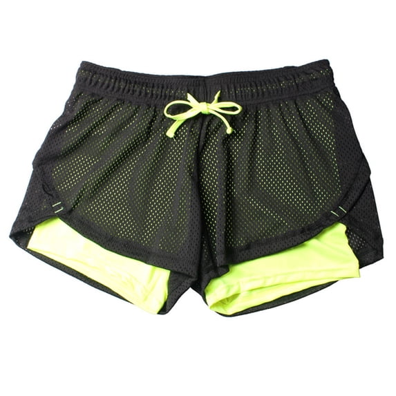 Yuanlong Women's Sports Shorts Mesh Solid Color Double Layer Shorts Elastic Waist Drawstring Basic Outdoor Fitness Bottoms
