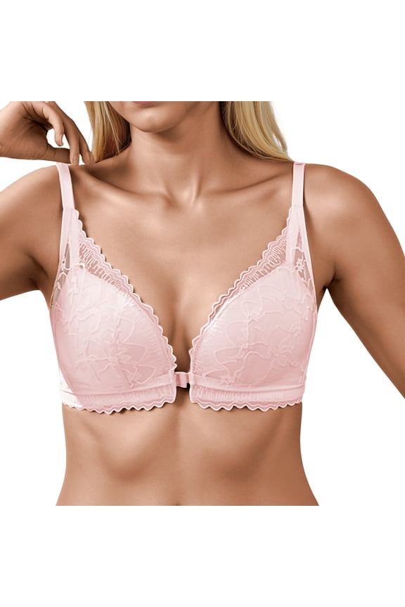 Women's T-Shirt Bras Front Button Lace Trim Wireless Crisscross Back Bra Soft Cup Lightly Padded Everyday Wear Bras