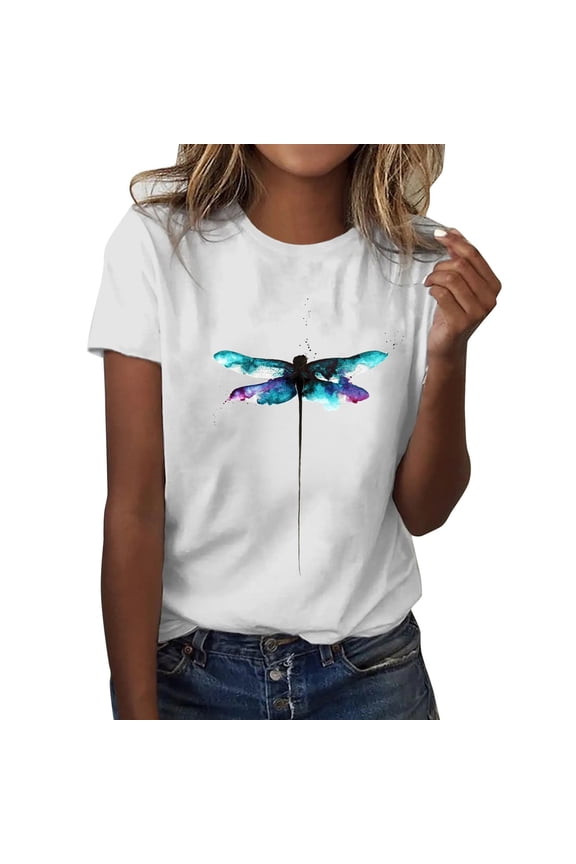 Women's T-Shirt Dragonfly Floral Print Crew Neck Short Sleeve Tees Casual Stylish Cute Versatile Summer Tops