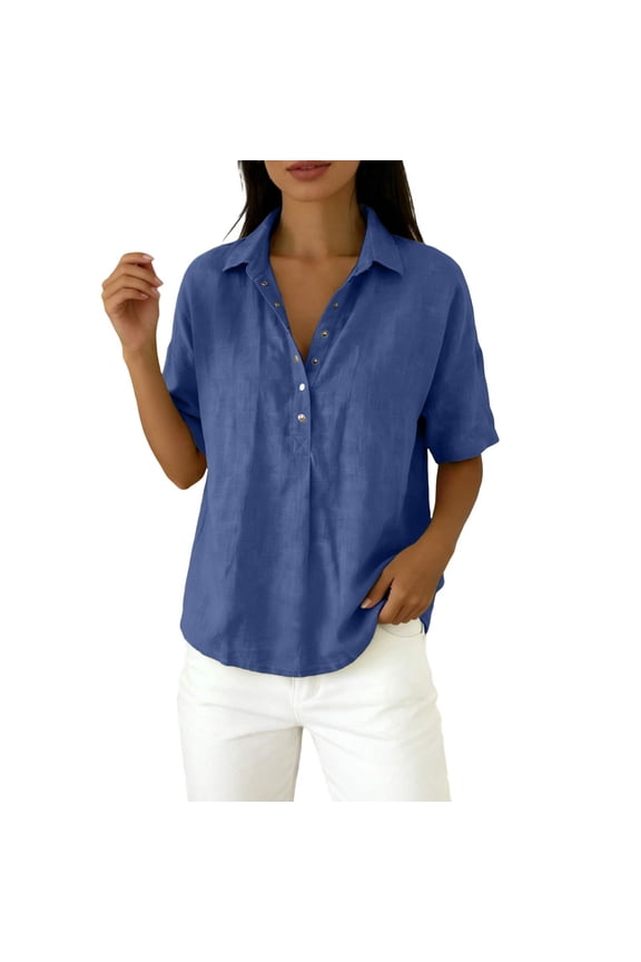 Women's T-Shirts Collared Neck Snap Button Front Elbow-Length Sleeve Tees Solid Color Short Sleeve Basic Holiday Top