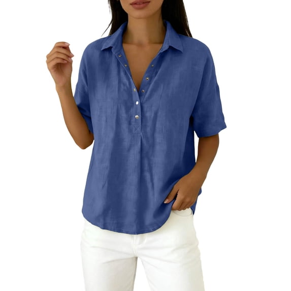 Yuanlong Women's T-Shirts Collared Neck Snap Button Front Elbow-Length Sleeve Tees Solid Color Short Sleeve Basic Holiday Top