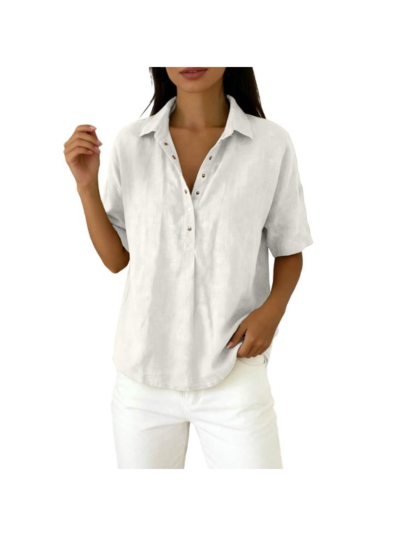 Women's T-Shirts Collared Neck Snap Button Front Elbow-Length Sleeve Tees Solid Color Short Sleeve Basic Holiday Top