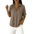 thumbnail image 1 of Yuanlong Women's T-Shirts Collared Neck Snap Button Front Elbow-Length Sleeve Tees Solid Color Short Sleeve Basic Holiday Top, 1 of 4