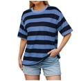 thumbnail image 1 of Yuanlong Women's T Shirts Horizontal Striped Crew Neck Elbow-Length Sleeve Loose Fit Tshirts Stylish Streetwear Tee Shirts, 1 of 5