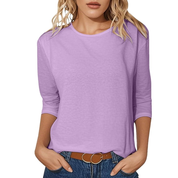 Yuanlong Women's T Shirts O-Neck Elbow-Length Summer Tees Solid Color Soft Loose Fit Classic Versatile Holiday Tee Tops
