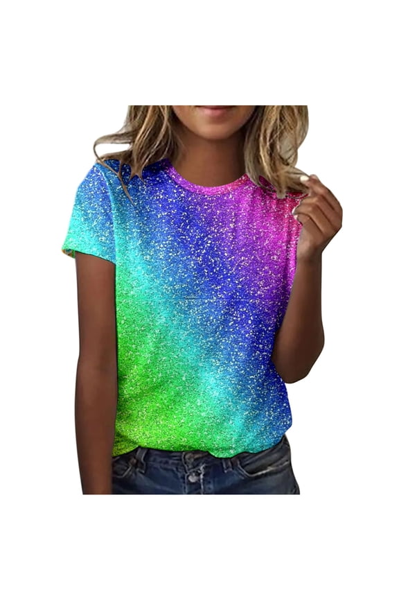 Women's T Shirts Short Sleeve Multicolored Striped Print O Neck T Shirt Loose Fit Stylish Streetwear Party Top