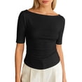 thumbnail image 1 of Yuanlong Women's T Shirts Side Ruched Boat Neck Elbow-Length Sleeve Solid Color Tees Slim Fit Basic Business Casual Tops, 1 of 4