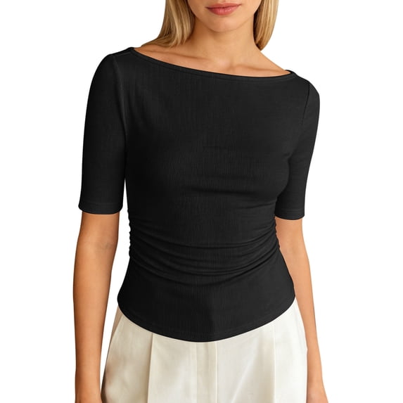 Yuanlong Women's T Shirts Side Ruched Boat Neck Elbow-Length Sleeve Solid Color Tees Slim Fit Basic Business Casual Tops