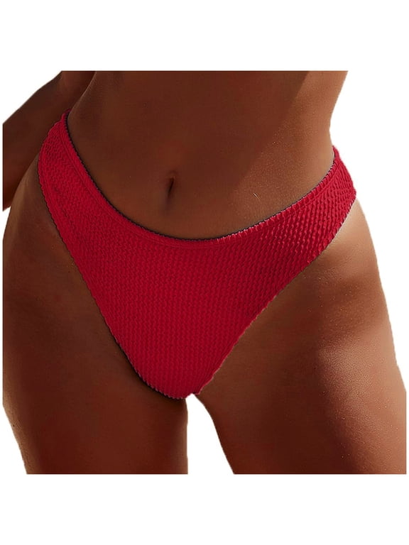 Women's Thong Bikini Bottoms Textured High Cut Swim Briefs Mid Coverage Solid Color Minimalist Beach & Pool Swimwear