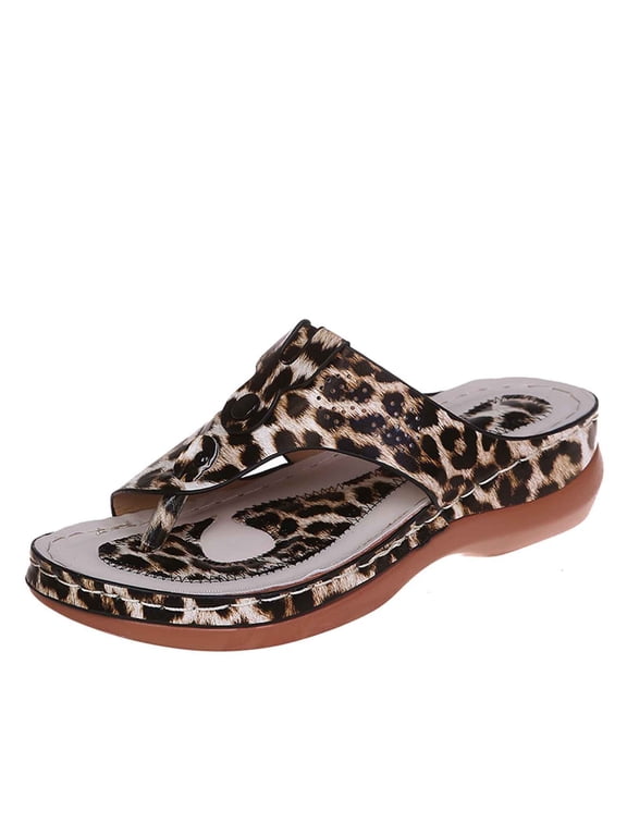 Women's Thong Sandals Leopard Print PU Wedge Slide Sandals Perforated Stitched Platform Non Casual Beach Sandals