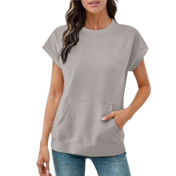 Yuanlong Women's Tshirts Crew Neck Short Sleeve Pocketed Sweatshirt Style Tops Casual Solid Color Elegant Tee Shirts