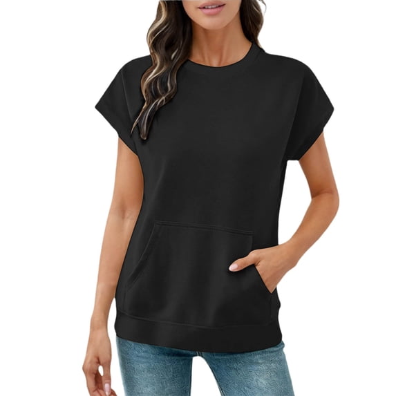 Yuanlong Women's Tshirts Crew Neck Short Sleeve Pocketed Sweatshirt Style Tops Casual Solid Color Elegant Tee Shirts