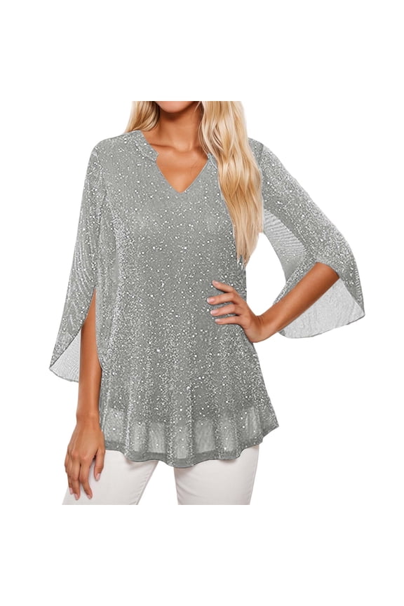 Women's Tshirts Mesh V Neck Flared Elbow Length Sleeves Loose Fit Tees Elegant Summer Casual Stylish Tops
