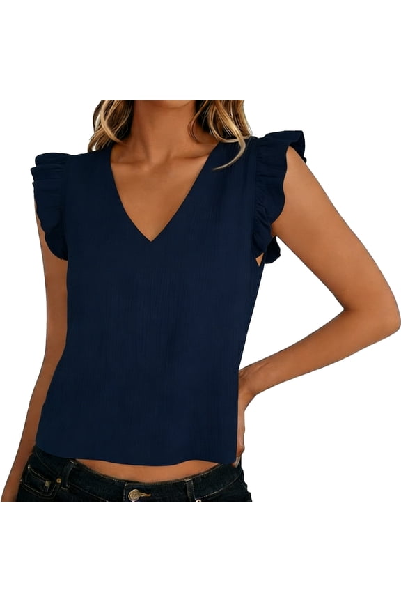 Women's Tshirts V-Neck Sleeveless Summer T Shirt Flutter Sleeves Soft Basic Tees Solid Color Elegant Holiday Tees
