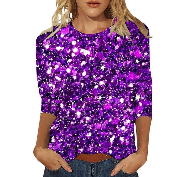 Yuanlong Womens 3/4 Sleeves T-Shirts Sequined Round Neck Glitter Star Pattern Tshirts Carnival Trendy Wear Tops For Lady