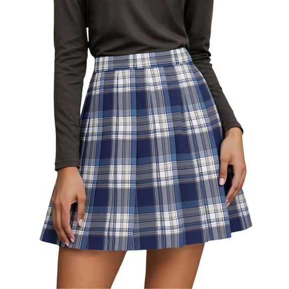 Yuanlong Womens A-Line Mini Skirts Blue White Gray Plaid Pleated High Waist Skirt Timeless Classic Casual Stylish Skirts
