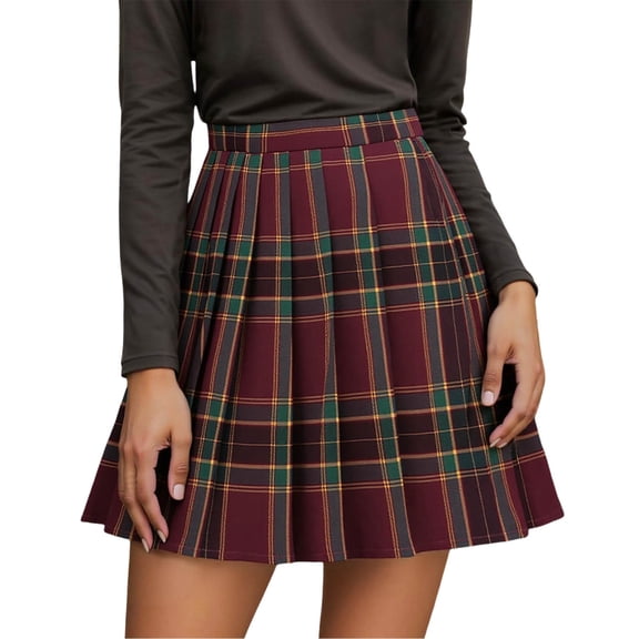 Yuanlong Womens A-Line Mini Skirts Red & Green Yellow Plaid Pleated High Waist Skirt Retro Preppy Style School Wear Skirt