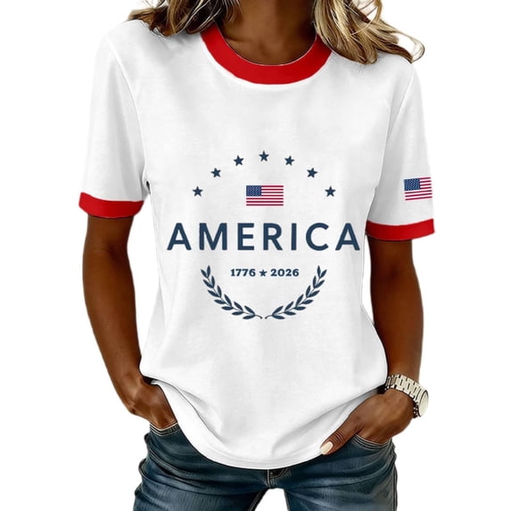 Yuanlong Womens America Flag Graphic Ringer T Shirt Crew Neck Short Sleeve Tee Soft Loose Patriotic 4 Of July Casual Holiday Top