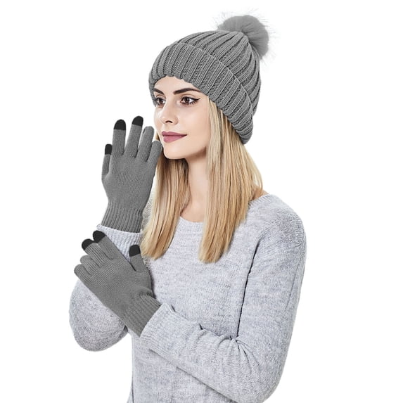 Yuanlong Womens Beanie Hat 2 Pcs Rib Knit Hat Touchscreen Glove Set Winter Warm Stretch Casual Outdoor Skiing Driving Headwear