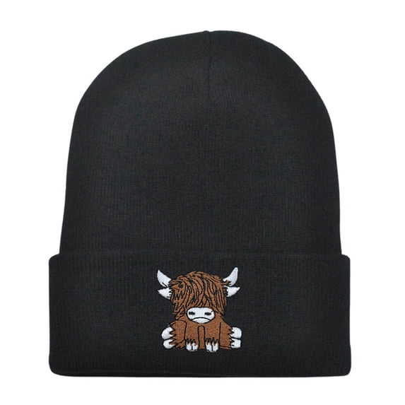 Yuanlong Womens Beanie Hat Cute Highland Cow Print Warm Stretchy Knit Skull Cap Winter Casual Daily Outdoor Headwear