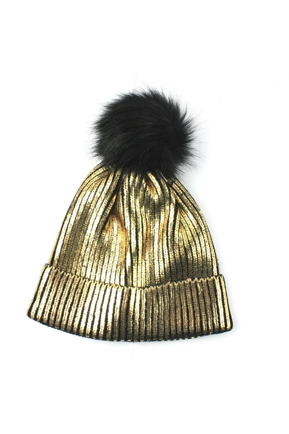 Womens Beanie Hats Metallic Stripe Stamping Knit Hats With Pom Poms Cold Weather Fashion Shiny warm Beanie caps