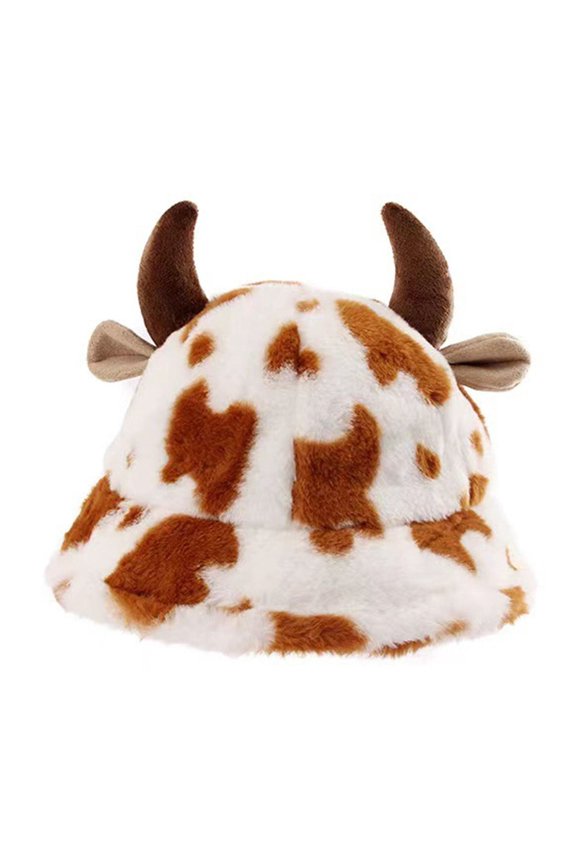 Womens Beanies Cow Printed Fluffy Thick Bucket Hats With Bull Horn Design Winter Thermal Cute Fuzzy Beanie Caps