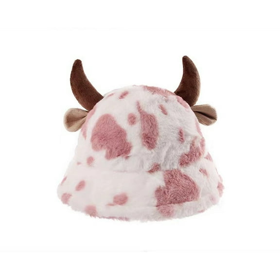 Yuanlong Womens Beanies Cow Printed Fluffy Thick Bucket Hats With Bull Horn Design Winter Thermal Cute Fuzzy Beanie Caps