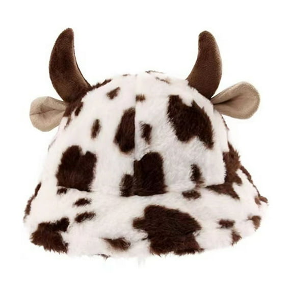 Yuanlong Womens Beanies Cow Printed Fluffy Thick Bucket Hats With Bull Horn Design Winter Thermal Cute Fuzzy Beanie Caps