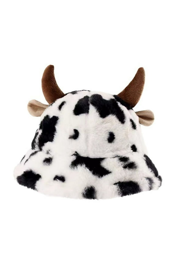 Womens Beanies Cow Printed Fluffy Thick Bucket Hats With Bull Horn Design Winter Thermal Cute Fuzzy Beanie Caps