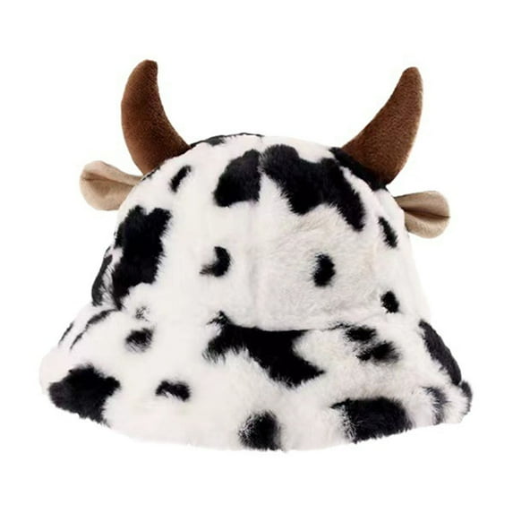 Yuanlong Womens Beanies Cow Printed Fluffy Thick Bucket Hats With Bull Horn Design Winter Thermal Cute Fuzzy Beanie Caps
