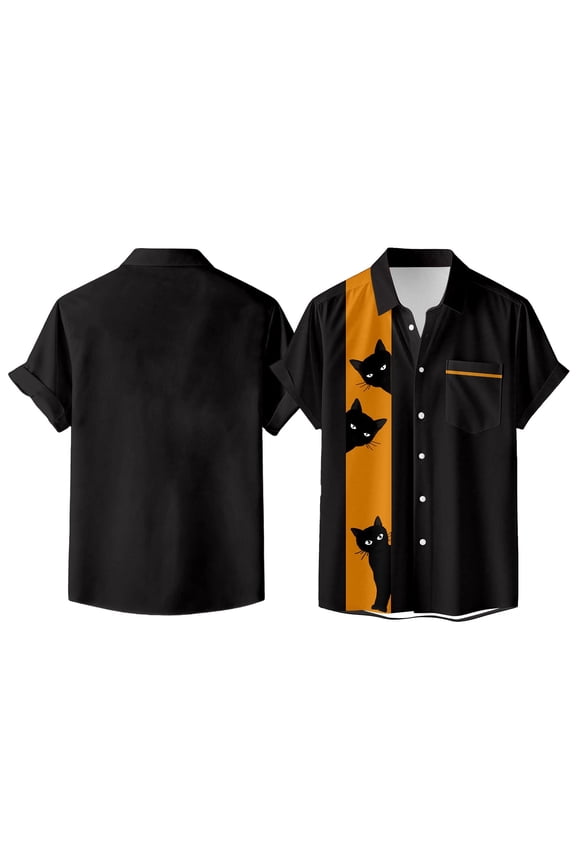 Womens Blouse Black Orange Black Cat Print Short Sleeve Lapel Collar Buttoned Shirts Cute Casual Summer Lady Tops