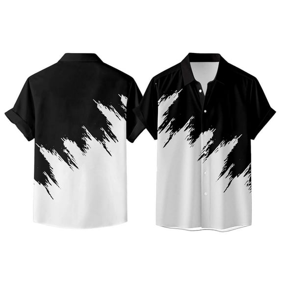 Yuanlong Womens Blouse Black White Brush Stroke Print Short Sleeve Collar Button Shirts Loose Trendy Summer Chic Clothes
