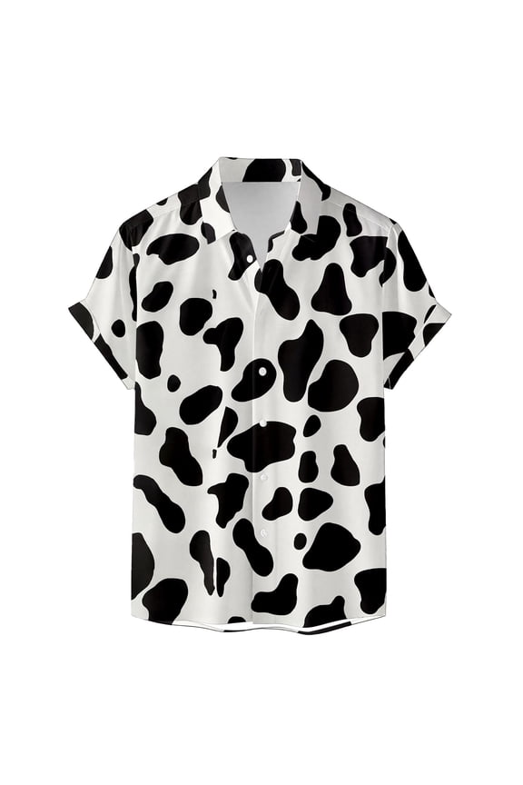 Womens Blouse Black White Cow Pattern Short Sleeve Lapel Collar Shirts Cute Relaxed Summer Daily Tops For Ladies