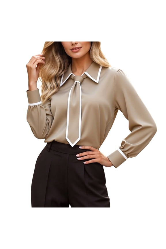 Womens Blouse Black White Trim Tie Collar Long Sleeve Button-Down Shirts Chic Slim Work Spring Daily Lady Clothes