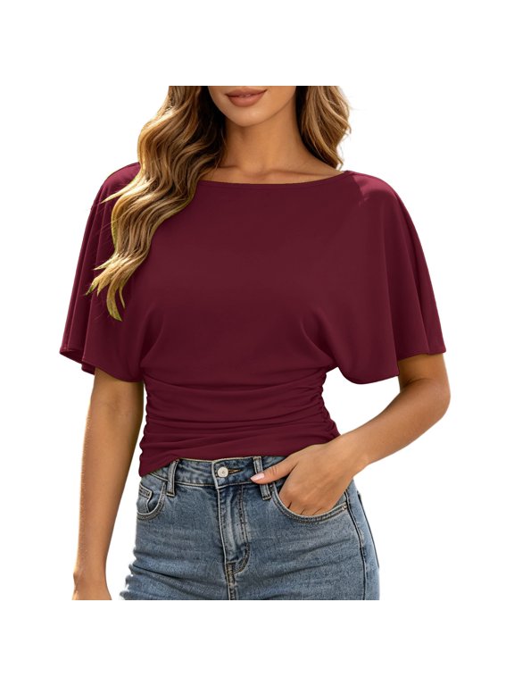 Womens Blouse Boat Neck Dolman Short Sleeve Knit Top Side Ruched Slim Lightweight Comfort Casual Elegant Office Top