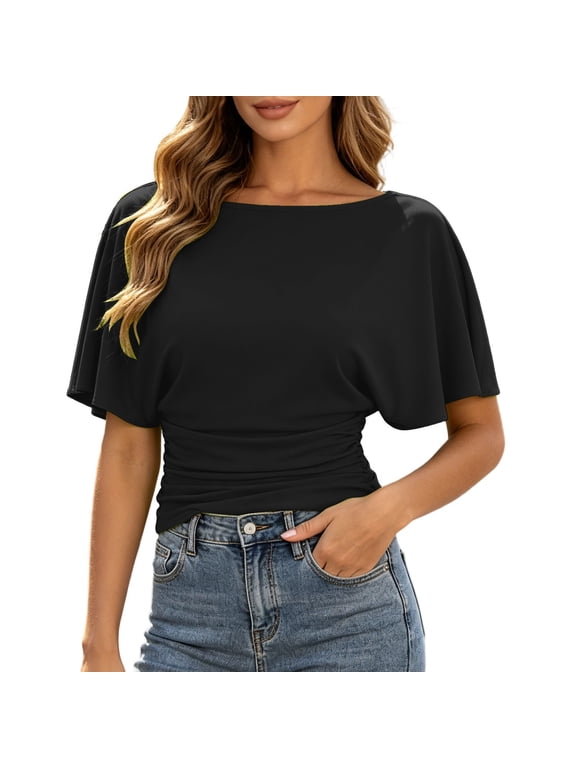 Womens Blouse Boat Neck Dolman Short Sleeve Knit Top Side Ruched Slim Lightweight Comfort Casual Elegant Office Top