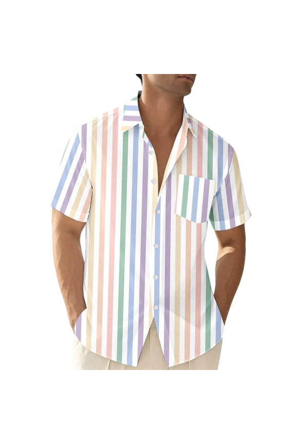 Womens Blouse Color Block Striped Print Short Sleeve Button-Down Collar Shirts Summer Lightweight Relaxed Tops