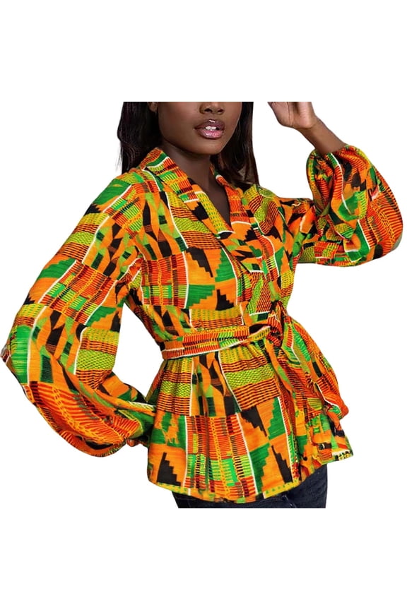 Womens Blouse Geometric Print Puff Long Sleeve Belted Waist Peplum Hem Tunic Top Carnival Party & Spring Shirt