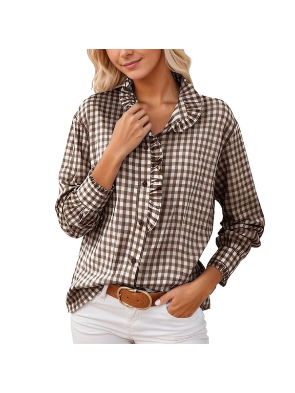 Womens Blouse Gingham Ruffled Collar Long Sleeve Button-Down Shirts Loose Casual Spring Cozy Daily Lady Clothes