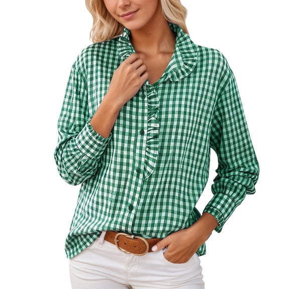 Yuanlong Womens Blouse Gingham Ruffled Collar Long Sleeve Button-Down Shirts Loose Casual Spring Cozy Daily Lady Clothes