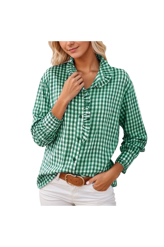 Womens Blouse Gingham Ruffled Collar Long Sleeve Button-Down Shirts Loose Casual Spring Cozy Daily Lady Clothes