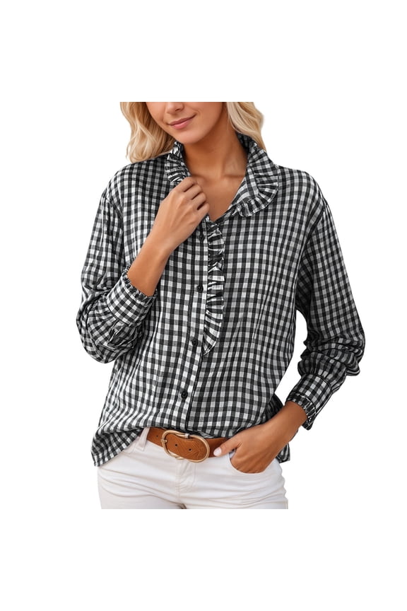 Womens Blouse Gingham Ruffled Collar Long Sleeve Button-Down Shirts Loose Casual Spring Cozy Daily Lady Clothes