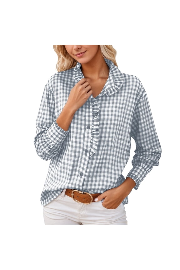 Womens Blouse Gingham Ruffled Collar Long Sleeve Button-Down Shirts Loose Casual Spring Cozy Daily Lady Clothes